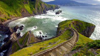Rocky cliff stairway ocean fantasy - the ocean and a cliff free wallpaper