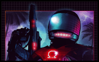 Helmet gun palmtree redlight retrofuturism - a man in a helmet holding free wallpaper
