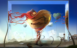 Surreal wooden structure red ribbon - surreal free wallpaper