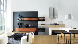 Modern kitchen black counter wooden - a white chair free wallpaper