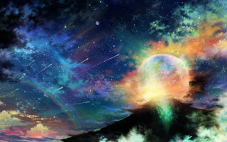 Mountain rainbow sky stars aurora - a painting of a mountain free wallpaper