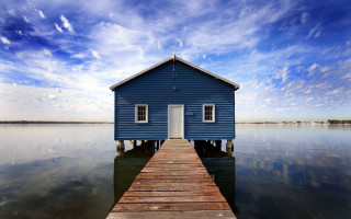 Blue house dock water mountain - a wooden dock next free wallpaper