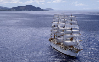 Large white ship ocean mountains - detailed free wallpaper