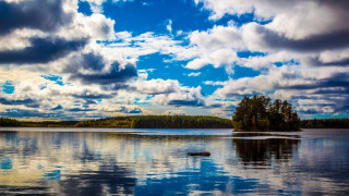 Lake trees clouds sky boat - bob ross free wallpaper