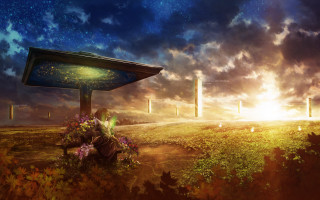 Woman bench field solarpanel starry - solar free wallpaper