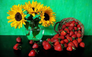 Sunflowers strawberries vase basket summer - a still life free wallpaper