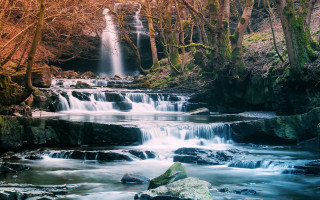 Waterfall forest rocks trees foreground 3 - impressionist free wallpaper