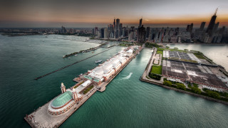 Large boat docked city skyline 2 - aerial free wallpaper