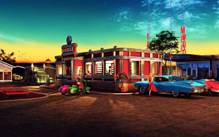 Diner urban night moon reflection - matte painting free wallpaper for desktop