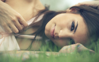 Woman grass ponytail blurry photorealistic - a photorealistic painting free wallpaper for desktop