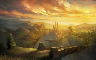Castle mountain range sunset bridge - christophe vacher free wallpaper