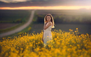 Woman yellowflowers road sunset autumn - yellow flower free wallpaper for desktop