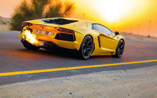 Yellow flames sports car sunset - body free wallpaper
