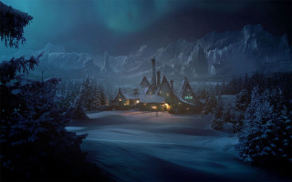 Snowy landscape house trees mountain - a house and trees free wallpaper