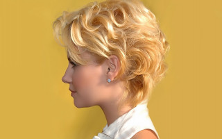 Woman short blonde hair white - a yellow background free wallpaper for desktop