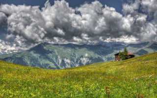 House hill mountain clouds meadow - a house free wallpaper