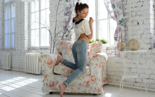 Woman couch room window chair - a cross stitch free wallpaper