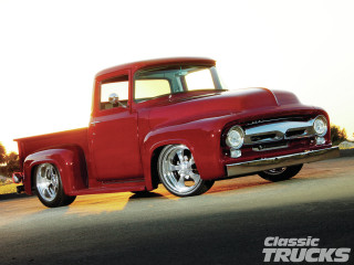 Red truck parked road forest - a red truck free wallpaper