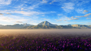 Purple flower field mountain sunrise - a matte painting free wallpaper for desktop