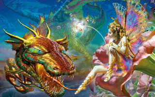 Woman dragon fantasy aurora night - their back free wallpaper