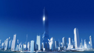 Futuristic city skyscraper ocean boat - the water below free wallpaper