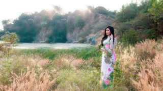 Woman dress field lake trees - a long dress free wallpaper