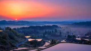 Sunset valley lake mountains fog - fog in the air free wallpaper