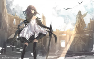 Woman sword city statue birds - overhead free wallpaper