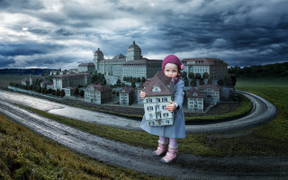 Little girl doll building road - surreal photography free wallpaper