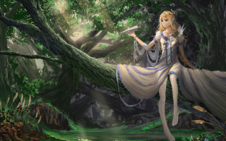 Woman dress sword forest blonde - epic fantasy character art free wallpaper