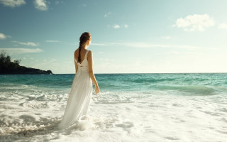 Woman beach ocean white dress - a beach next free wallpaper