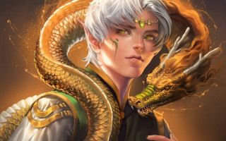Woman dragon snake yellow background - epic fantasy character art free wallpaper