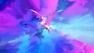 Unicorn flying pink blue clouds - matte fantasy painting free wallpaper