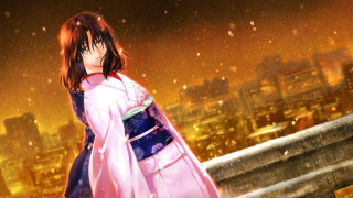 Woman kimono city night fireworks - a balcony free wallpaper