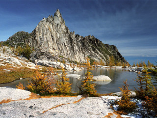 Mountain lake autumn foliage sky - kinkade free wallpaper