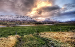 Field fence mountain sky road - beautiful landscape free wallpaper