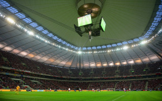 Soccer stadium green field vorticism - ultra wide angle free wallpaper