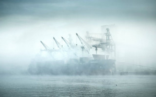 Large ship fog cranes matte - fog in the air free wallpaper