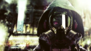 Man gas mask city street 2 - analytical art free wallpaper