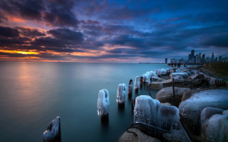 Sunset water ice cityscape dusk - ice free wallpaper