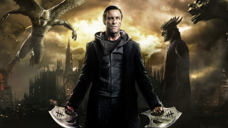 Man dragon cityscape knives coat - overhead in the background free wallpaper