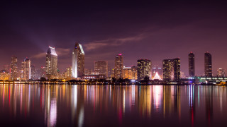 City skyline reflection night purple - night time free wallpaper
