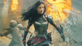 Woman running fire armor explosion - other person free wallpaper