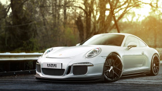 White porsche sports car forest - hyperrealism free wallpaper