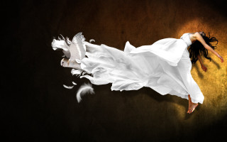 Flying woman white dress 3d - her arm free wallpaper