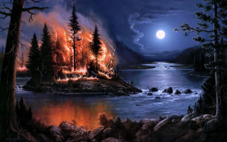 Lake forest fullmoon fire night - christophe vacher free wallpaper