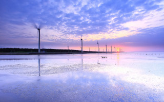 Sunset beach wind mills bench - a sunset view of a beach free wallpaper