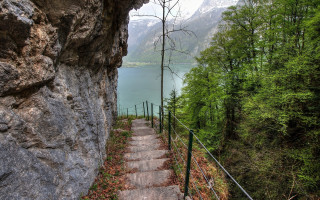 Stone path lake trees mountains 2 - a stone path free wallpaper