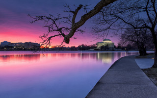 Sunset lake tree building dome - far free wallpaper