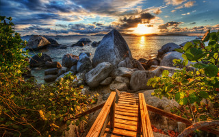 Wooden staircase beach sunset rocky - a rocky shoreline free wallpaper